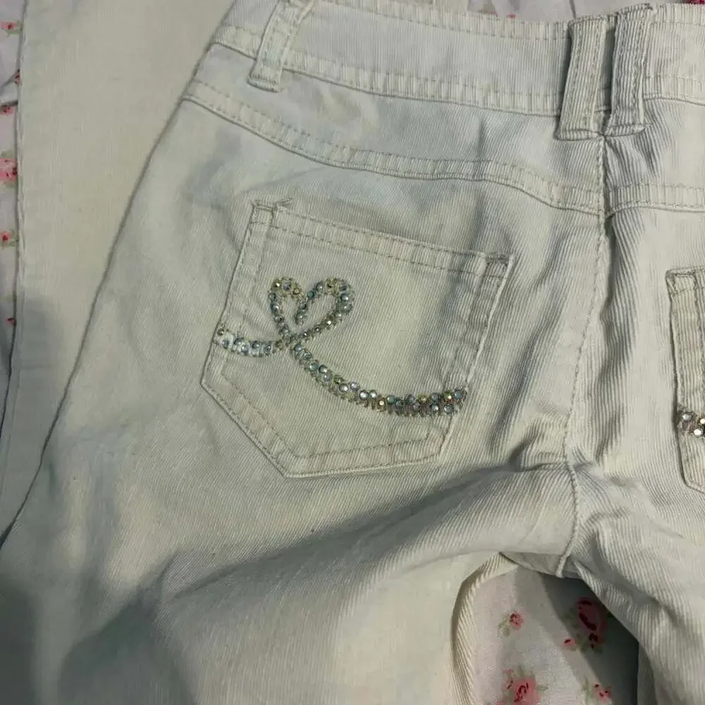 Justice Y2K Low Rise Flare Corduroy Pants with Rhinestone Heart Pockets
